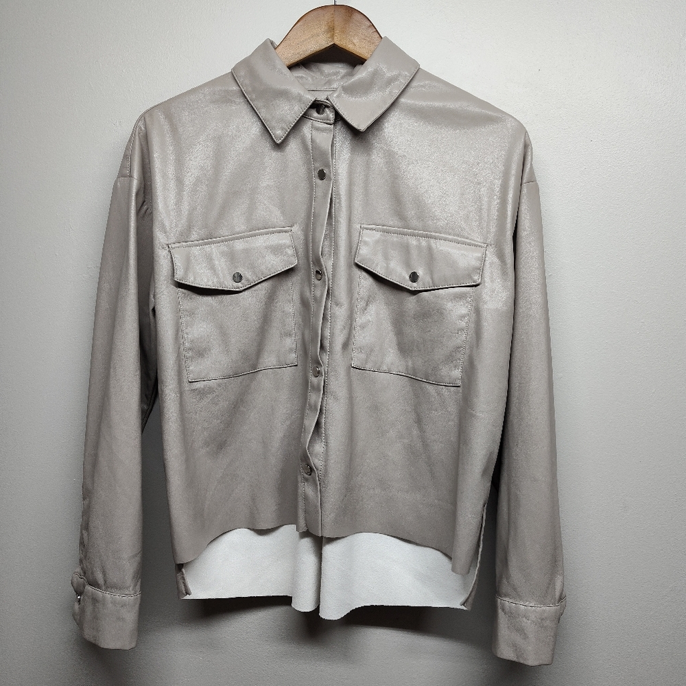 Philosophy Faux Leather Jacket Women Size M Tan Collared Snap Buttons Streetwear